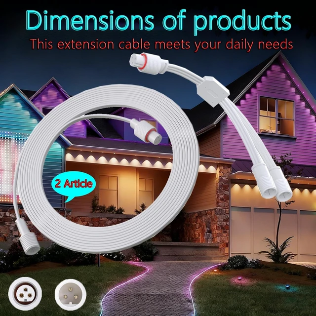 Alt view image 2 of 5 - 2 Set 16FT Permanent Outdoor Lights Extension Cable with Y-Splitter for Govee,IP68 Waterproof Extension Cord 3 Pin Power CordCompatible with Go-vee H706A H706B H706C, H705D H705E H705F