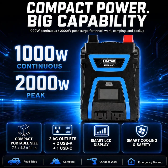 Alt view image 2 of 7 - 1000W Power Inverter, 12V DC to 110V 120V AC, LCD Display, Modified Sine Wave, Dual 120V AC Outlets, USB-A & Type-C Ports, Quiet Fan for RV, Truck, Car, Home Backup