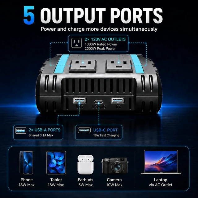 Alt view image 3 of 7 - 1000W Power Inverter, 12V DC to 110V 120V AC, LCD Display, Modified Sine Wave, Dual 120V AC Outlets, USB-A & Type-C Ports, Quiet Fan for RV, Truck, Car, Home Backup