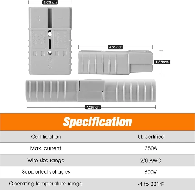 Alt view image 2 of 7 - 4-Pack 350A Battery Quick Connect/Disconnect Plugs, 2/0 AWG(Gray)