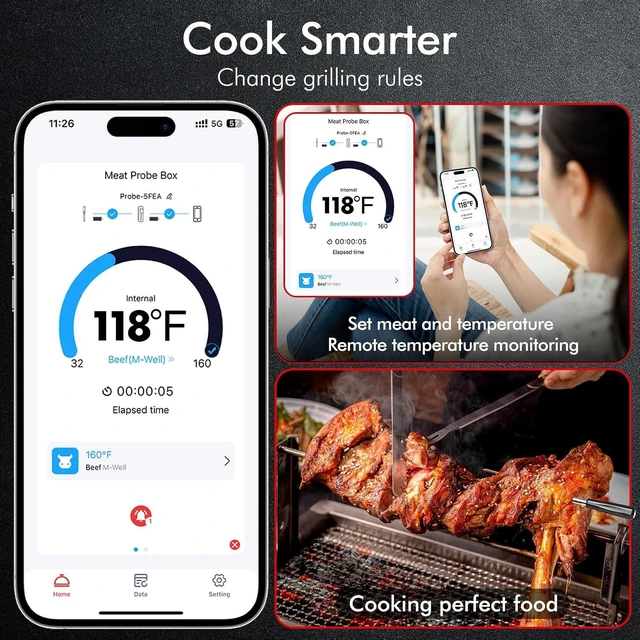 Alt view image 3 of 7 - Wireless Bluetooth Meat Thermometer with Ultra-Thin Probe, 500ft Range for BBQ, Grill, Oven & Smoker