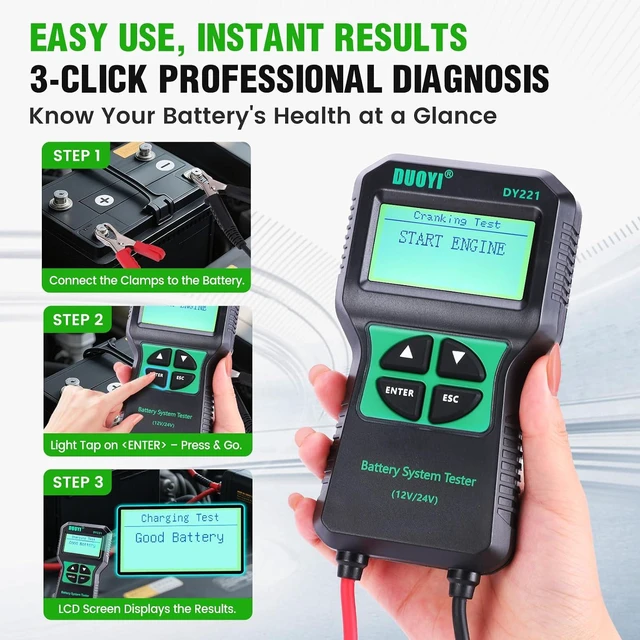 Alt view image 3 of 7 - DY221 Car Battery Tester, 12V/24V Digital, 100-2000 CCA, Charging & Cranking Analyzer