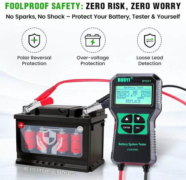 Alt view image 4 of 7 - DY221 Car Battery Tester, 12V/24V Digital, 100-2000 CCA, Charging & Cranking Analyzer