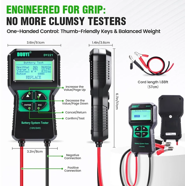 Alt view image 7 of 7 - DY221 Car Battery Tester, 12V/24V Digital, 100-2000 CCA, Charging & Cranking Analyzer