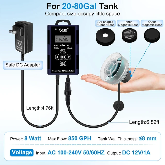 Alt view image 7 of 7 - Mini Wave Maker for Saltwater & Freshwater Aquarium Ultra-Quiet Transparent DC 12V 850GPH Pump with Controller & Magnetic Mount, Adjustable Flow for 20-80 Gallon Tanks
