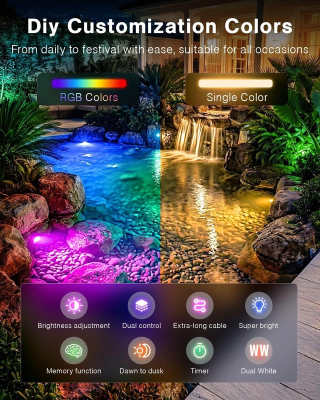 Alt view image 5 of 7 - RGBWW Underwater LED Pond Light with 12V Timer Transformer, 12-Head