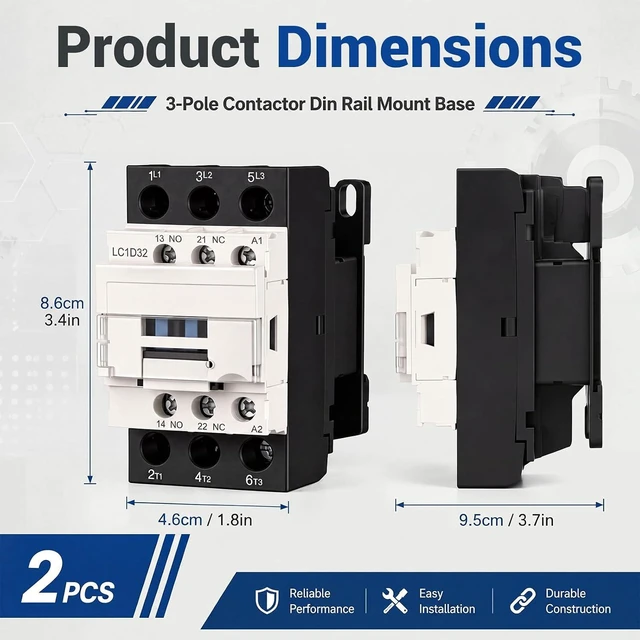 Alt view image 2 of 6 - 2-Pack 3-Pole Contactor Mounting Base for DIN Rail