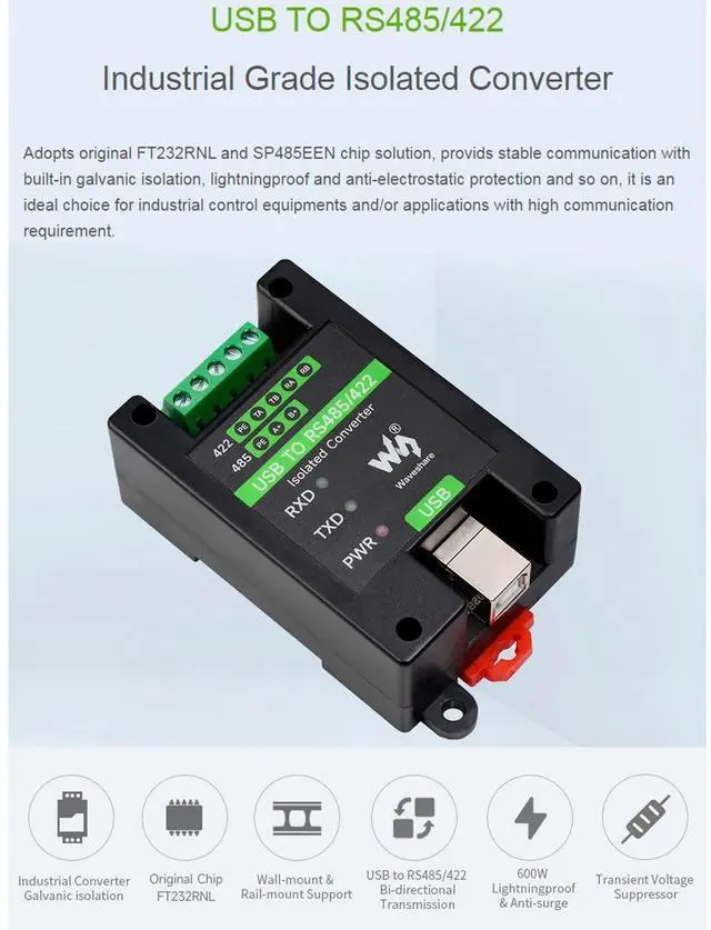 Alt view image 2 of 7 - Industrial Isolated USB to RS485/422 Converter Adapter, Onboard Original FT232RL and SP485EEN Chip, Transmission Distance up to 1.2km,Support Linux, Android, Wince, Win11/10/8.1/8/7/XP, etc.