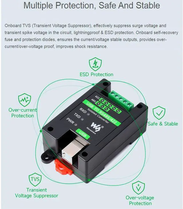 Alt view image 4 of 7 - Industrial Isolated USB to RS485/422 Converter Adapter, Onboard Original FT232RL and SP485EEN Chip, Transmission Distance up to 1.2km,Support Linux, Android, Wince, Win11/10/8.1/8/7/XP, etc.
