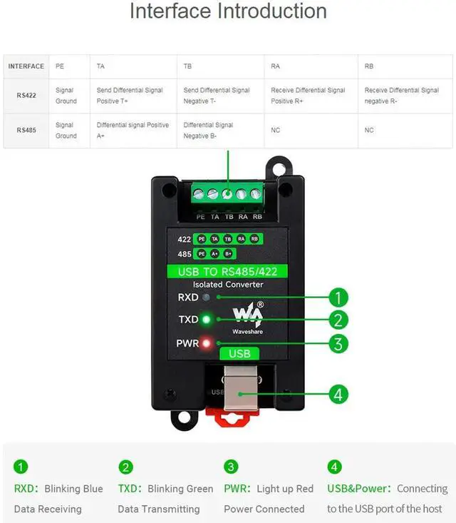 Alt view image 6 of 7 - Industrial Isolated USB to RS485/422 Converter Adapter, Onboard Original FT232RL and SP485EEN Chip, Transmission Distance up to 1.2km,Support Linux, Android, Wince, Win11/10/8.1/8/7/XP, etc.