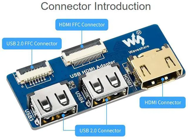Alt view image 4 of 7 - USB HDMI Adapter CM4-IO-BASE Board,USB to HDMI Converter with USB 2.0 Portsx2/ HDMI Portsx1/ USB 2.0 FFC Connectorx1/HDMI FFC Connector x1,Adapting FFC Connector to Standard Connector