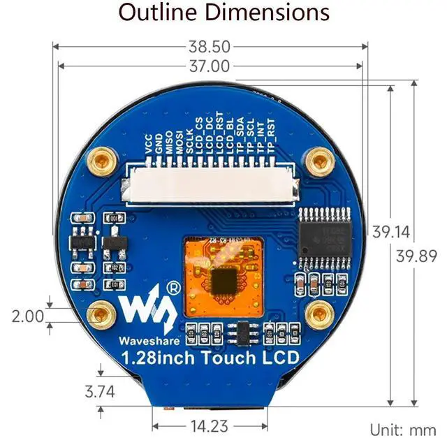 Alt view image 7 of 7 - 1.28inch Touch Round LCD Module with Touch Panel, 240×240 IPS Capacitive Display Screen, 65K RGB Color, SPI & I2C Port, GC9A01 & CST816S Chip, for Raspberry Pi/Raspberry Pi Pico/Ardu/STM32, etc