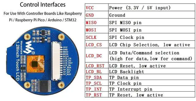 Alt view image 4 of 7 - 1.28inch Touch Round LCD Module with Touch Panel, 240×240 IPS Capacitive Display Screen, 65K RGB Color, SPI & I2C Port, GC9A01 & CST816S Chip, for Raspberry Pi/Raspberry Pi Pico/Ardu/STM32, etc