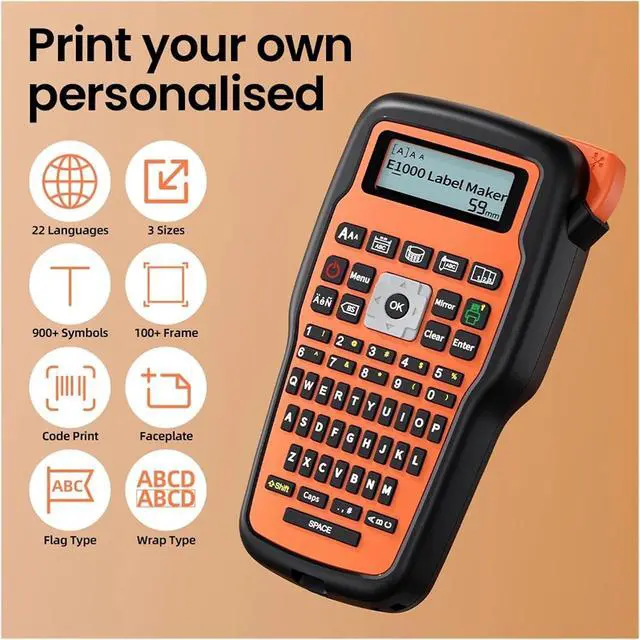 Alt view image 3 of 7 - Label Printer, E1000 Handheld Portable Label Printer Industrial Maker Compatible QWERTY Keyboard Symbol(E1000Orange)