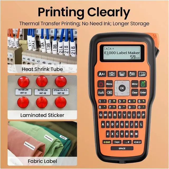 Alt view image 4 of 7 - Label Printer, E1000 Handheld Portable Label Printer Industrial Maker Compatible QWERTY Keyboard Symbol(E1000Orange)
