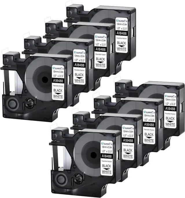 Main image of 8 Pack Compatible for Dymo Rhino 18488 Black on White 12mm 1/2'' x 3m 11.5ft Flexible Nylon Label Tape for Rhino 1000 3000 4200 5000 5200 6000 3M PL200 PL300 Industrial Label Makers