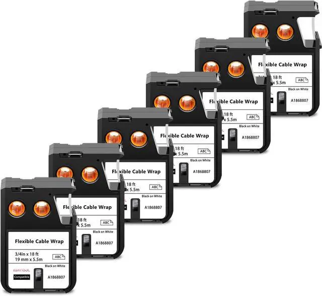 Main image of 6 X Compatible with Dymo Rhino XTL Flexible Cable Wrap Label Tape 1868807 A1868807 Black on White 19mm 3/4 inch x 18 Feet Replacement for Rhino XTL-300 XTL-500 Label Maker