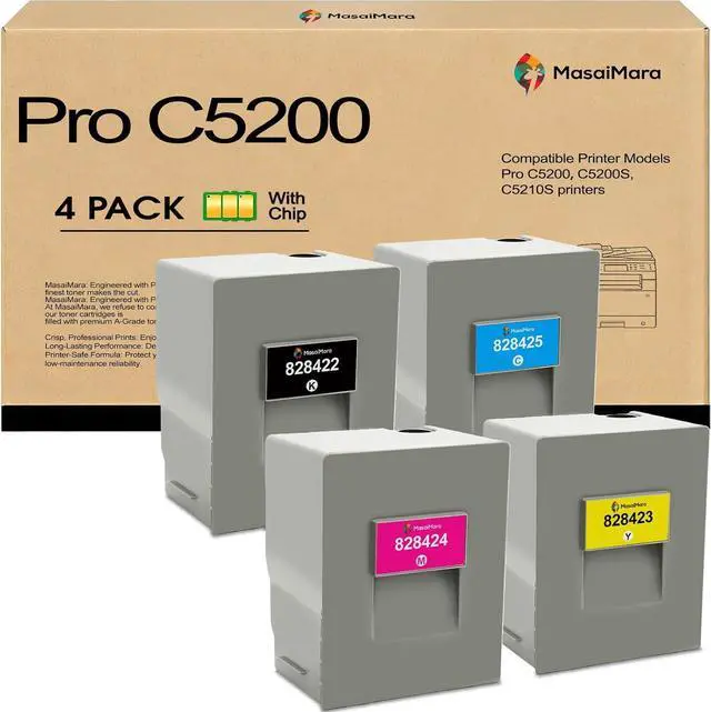 Main image of MasaiMara High Yield Pro C5200 Toner Cartridge Replacement for Ricoh Pro C5200 C5200S C5210S Printers (828422 Black, 828425 Cyan, 828424 Magenta, 828423 Yellow, 4-Pack)