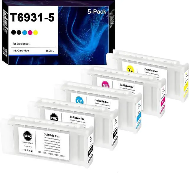 Main image of T693 Ink Cartridge Set T6931 T6932 T6933 T6934 T6935 300ML Replacement for SureColor T3000 T3270 T3270D T5000 T5270 T5270D T7000 T7270 Printers (5Pack, MBK,PBK,C,M,Y)