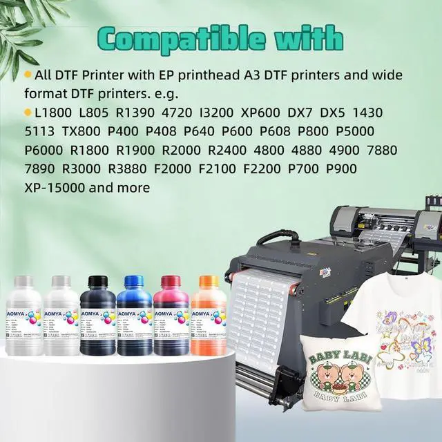 Alt view image 2 of 5 - Aomya 6-Pack DTF Ink 250ml DTF Transfer Ink for PET Film for Epn L1800,L805,ET-8550,R2400,P400,P800,P600,DX5,XP600,XP15000 prinetrs (6-Pack 1500ML,2WH/BCMY)