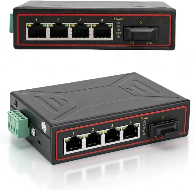 Main image of LICAEVEY 4 Port Fiber to Ethernet Media Converter, 1 Optical SFP Slot 10,100M RJ45 Industrial Switch, Din Rail Mount Plug and Play for Network Expansion Industrial Automation