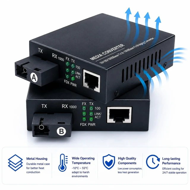 Alt view image 5 of 7 - Elfcam® - 1 Pair Gigabit Fiber Ethernet Converters 1000M/100M/10M, SFP Media Converter Included, Up to 20KM Distance on Single Mode SC Fiber Optic (1 RJ45 Port *1 RJ45 Port)