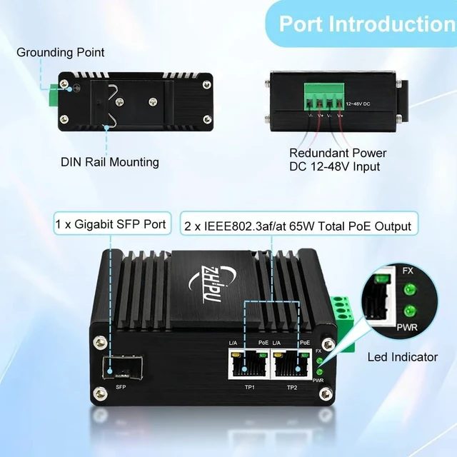 Alt view image 2 of 7 - Industrial Gigabit 30W Fiber Media Converter IEEE802.3af/at Switch