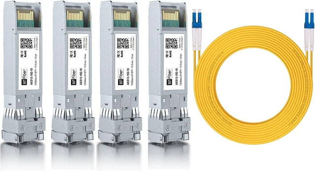 Main image of 4 Pack 10Gb Singlemode Module with 10m OS2 LC to LC Fiber Cable, 10GBASE-LR Compatible for Cisco SFP-10G-LR, Meraki, Ubiquiti,Mikrotik, Netgear,D-Link and More