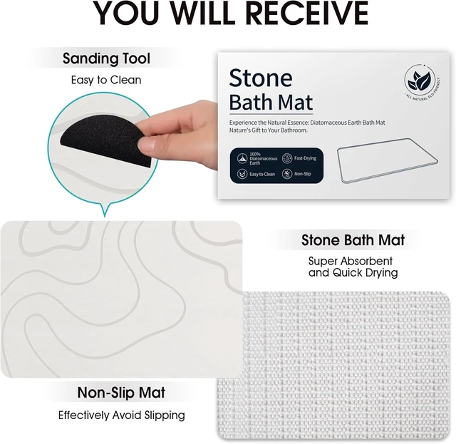 Alt view image 6 of 6 - Stone Bath Mat for Bathroom, Diatomaceous Earth Shower Mat Quick Dry, White