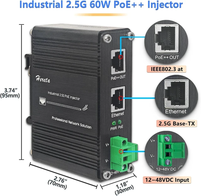 Alt view image 5 of 7 - Industrial Hardened Gigabit PoE+ Injector 60W 10/100/1000/2.5G Base-T 12-48VDC Power Input Support DIN-Rail & Wall Mount Installation Connecting The IEEE 802.3 af/at PoE Device (60W)