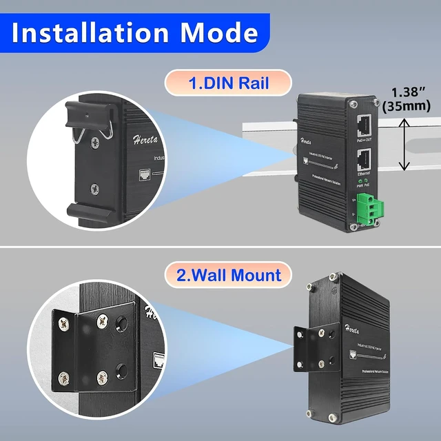 Alt view image 6 of 7 - Industrial Hardened Gigabit PoE+ Injector 60W 10/100/1000/2.5G Base-T 12-48VDC Power Input Support DIN-Rail & Wall Mount Installation Connecting The IEEE 802.3 af/at PoE Device (60W)