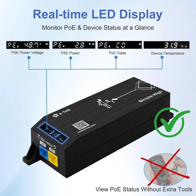Alt view image 2 of 7 - 90W IEEE802.3bt Gigabit PoE Injector with AI Smart LED Display