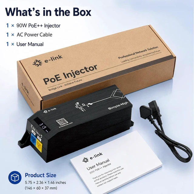 Alt view image 7 of 7 - 90W IEEE802.3bt Gigabit PoE Injector with AI Smart LED Display