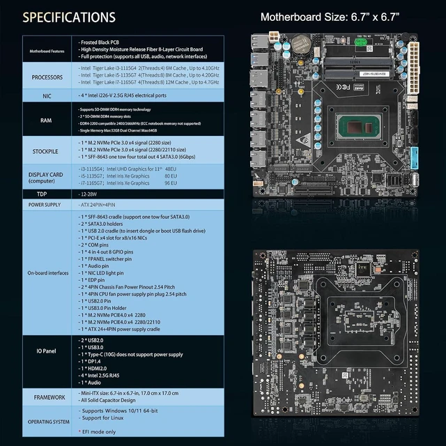 Alt view image 3 of 7 - StoneStorm 6-Bay NAS Mini-ITX Motherboard 4 i226-v 2.5GbE Ports with Core i7 1165G7 Processor, up to 4.7GHz, Dual DDR4, 2 M.2 NVMe PCIe3.0x4, 2 SATA3.0, SFF-8643(4 SATA3.0 6Gb/s), Triple 4K Display