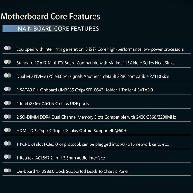 Alt view image 6 of 7 - StoneStorm 6-Bay NAS Mini-ITX Motherboard 4 i226-v 2.5GbE Ports with Core i7 1165G7 Processor, up to 4.7GHz, Dual DDR4, 2 M.2 NVMe PCIe3.0x4, 2 SATA3.0, SFF-8643(4 SATA3.0 6Gb/s), Triple 4K Display
