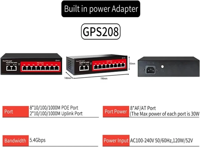 Alt view image 2 of 2 - 1 PCS POE Switch 4/8/16 Ports 48V Active Desktop 100/1000Mbps(SSC-GPS208)