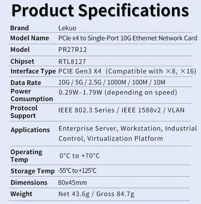 Alt view image 2 of 6 - PCIe 3.0 X4 to 1 Port 10G Ethernet Network Card 10Gbps RJ45 LAN Card