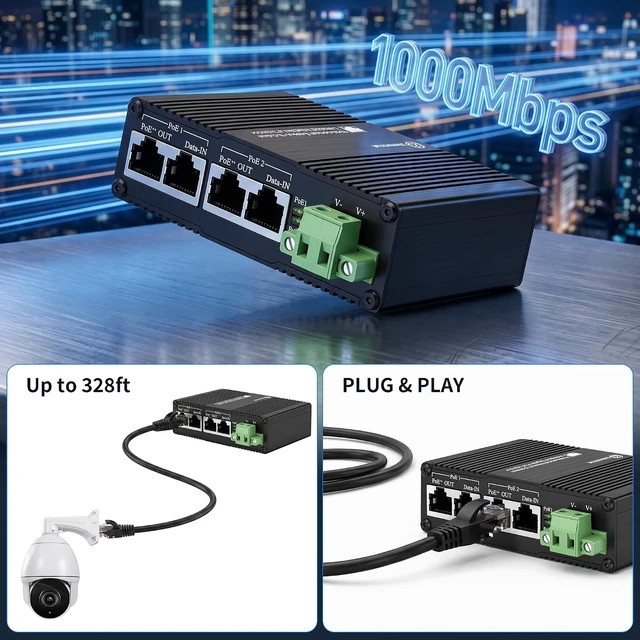 Alt view image 7 of 7 - Industrial 2-Port Gigabit PoE++ Injector, 12V/24V/48V DC, 95W/Port