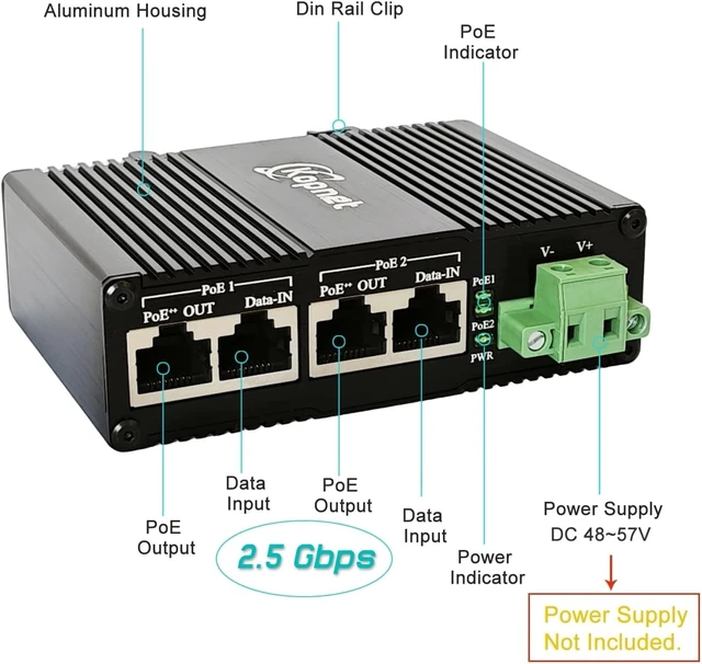 Alt view image 2 of 7 - Industrial 2ch 2.5G PoE++ Injector DIN Rail Mount 802.3af/at/bt POE Adapter