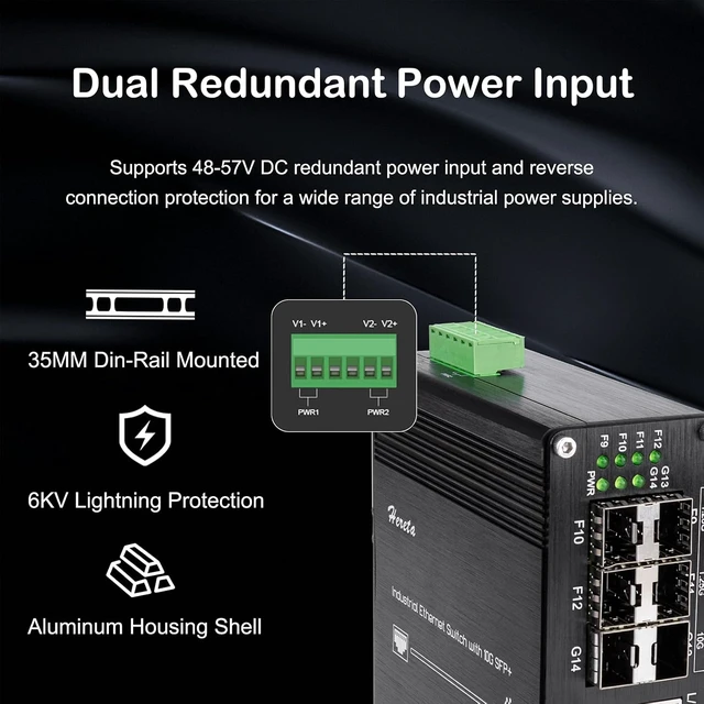 Alt view image 3 of 7 - Industrial 14-Port Gigabit PoE+ Switch, Hardened Network Switch with 8 x Gigabit PoE+ Ports, 4 x 1.25G SFP, 2 x 10G SFP+, 802.3af/at 30W, 240W Total Budget, Plug & Play, Supports 48-57V DC Input