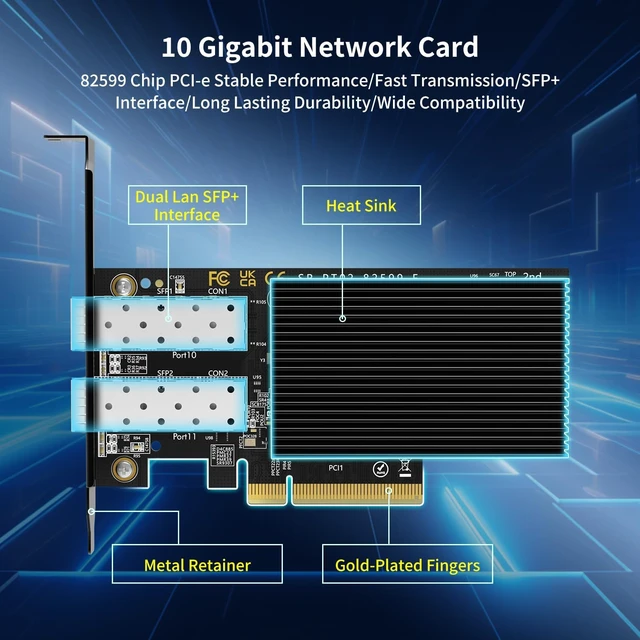 Alt view image 4 of 7 - 10Gb Ethernet Card with 82599ES (X520-DA2) Controller, GiGaPlus 10GB PCI-E Network Card Adapter, Dual LAN SFP+ Ports, Supports Windows/Windows Server/VMware Functions for 10Gbe Networking NAS