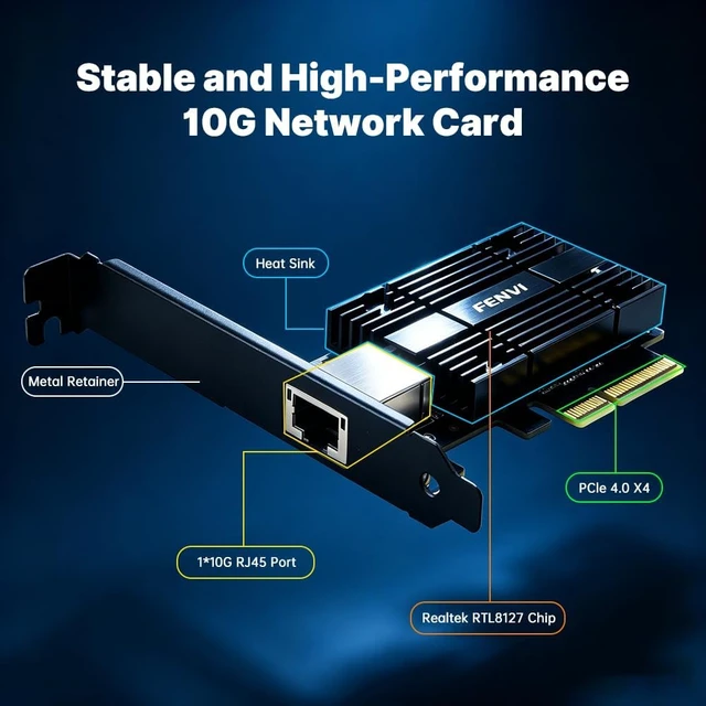 Alt view image 3 of 7 - FENVI RTL8127 10G PCIe X4, 4X Faster Than 2.5G, NAS/Server, Win/Linux