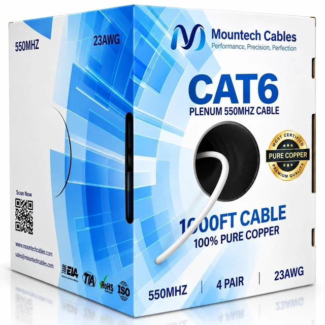 Main image of Cat 6 Plenum Cable 1000ft 100% Solid Bare Copper, 23AWG UTP, 550MHz, 10Gbps, DSX-8000 Tested, PoE+/++ Compatible Bulk Cat6 Ethernet LAN Network Cable for High Speed Networking White