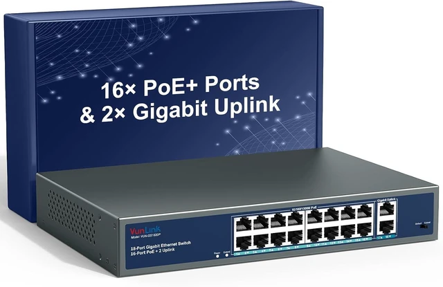 Main image of 16 Port Gigabit PoE Switch Unmanaged, 16 PoE+ Ports with 2 Gigabit Uplink