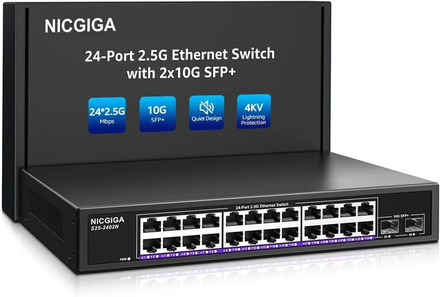 Main image of 24 Port 2.5Gb + 2 Port 10Gb SFP+ Ethernet Switch, NICGIGA 26 Port 2.5G Network Switch Unmanaged, Plug & Play, Desktop or 19-inch Rack Mount, Fanless Metal Design.