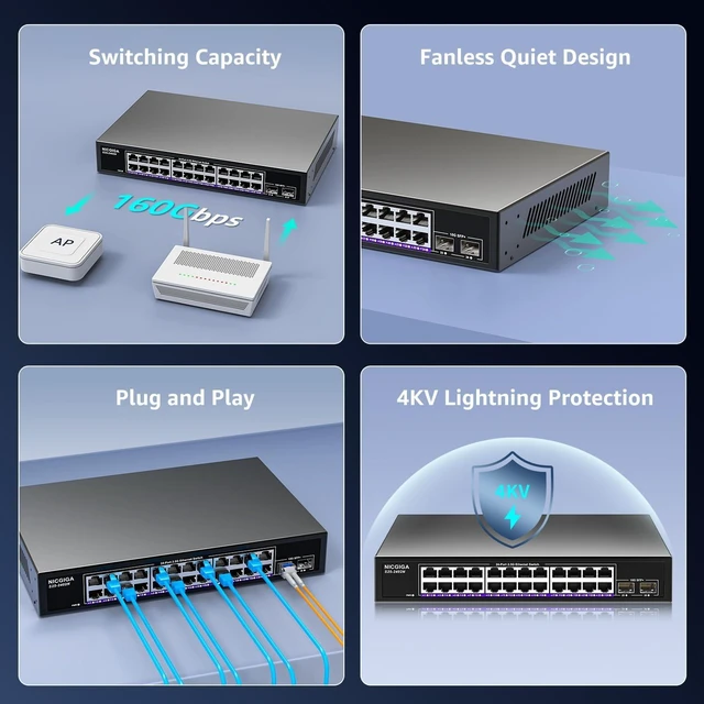 Alt view image 6 of 7 - 24 Port 2.5Gb + 2 Port 10Gb SFP+ Ethernet Switch, NICGIGA 26 Port 2.5G Network Switch Unmanaged, Plug & Play, Desktop or 19-inch Rack Mount, Fanless Metal Design.