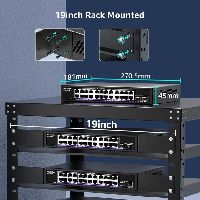 Alt view image 7 of 7 - 24 Port 2.5Gb + 2 Port 10Gb SFP+ Ethernet Switch, NICGIGA 26 Port 2.5G Network Switch Unmanaged, Plug & Play, Desktop or 19-inch Rack Mount, Fanless Metal Design.