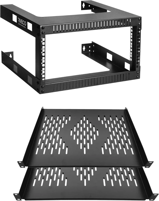 Main image of 4U 19" Wall Mount Network Rack 2 Post Open Frame Cabinet Firm Constructed Shelf for Internet/Server/AV/Home Equipment/Patch Panel Heavy Duty & 14" Depth Rack Shelves 2 PCS