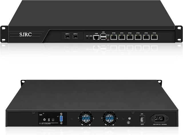 Main image of SJRC 1U 10GbE Firewall Appliance Mini PC, 2 x 82599ES SFP+ 10Gbe, 6 x 2.5GbE i226-V, Core i7-3520M, 19" Rack OPNsense Homelab Server Hardware, 8GB DDR3 RAM 256GB mSATA SSD, VGA