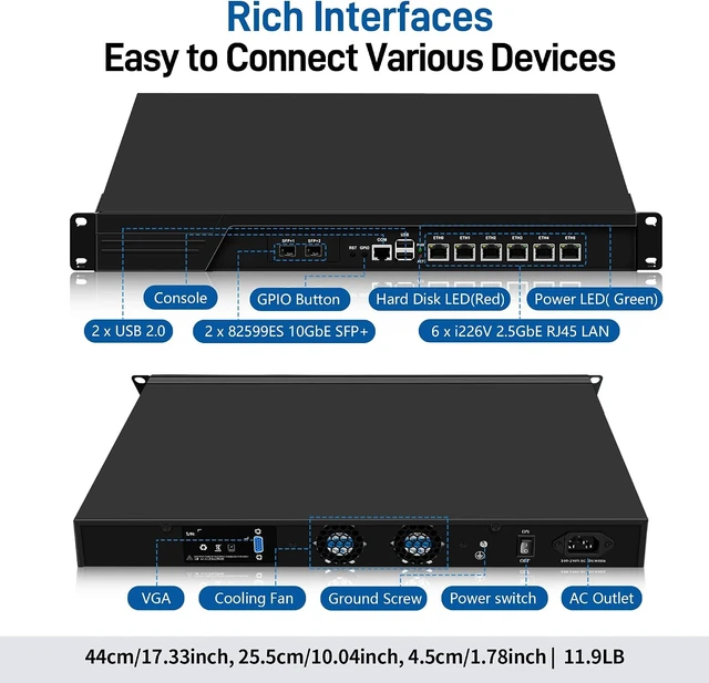 Alt view image 5 of 7 - SJRC 1U 10GbE Firewall Appliance Mini PC, 2 x 82599ES SFP+ 10Gbe, 6 x 2.5GbE i226-V, Core i7-3520M, 19" Rack OPNsense Homelab Server Hardware, 8GB DDR3 RAM 256GB mSATA SSD, VGA